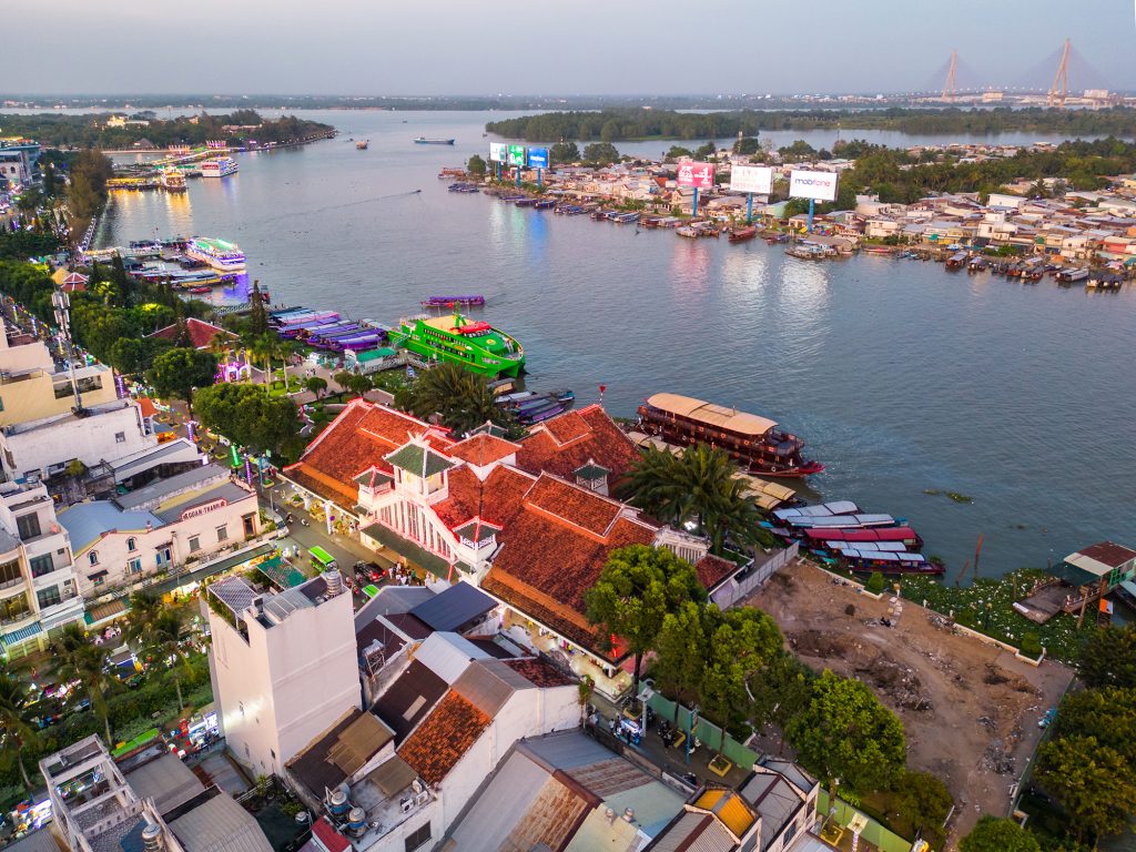 Aerial image of the city of Can Tho's waterfront and pier from where boats to the floating markets leave.